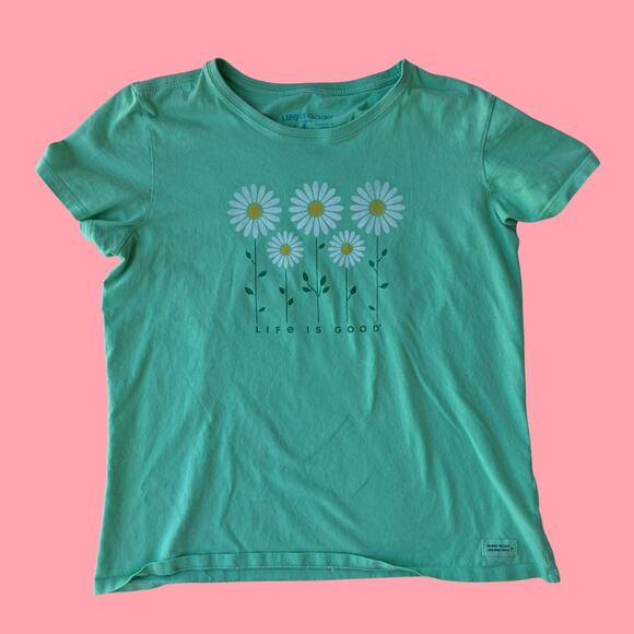 Life Is Good Green T-Shirt with Daisies, Large - Picture 1 of 4